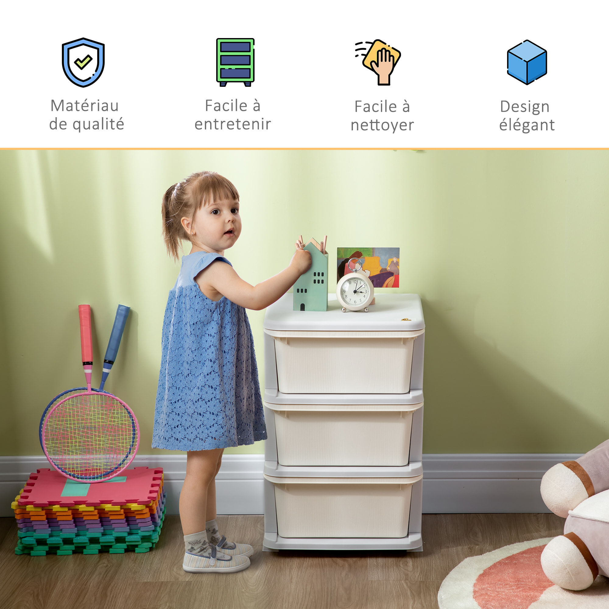 Organisateur de jouets enfant 3 tiroirs - boîtes de rangement plastique - PP gris clair crème