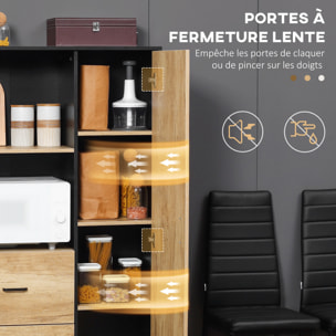 Buffet haut multi-rangement une porte 3 étagères 2 tiroirs 2 niches piètement acier noir aspect chêne clair