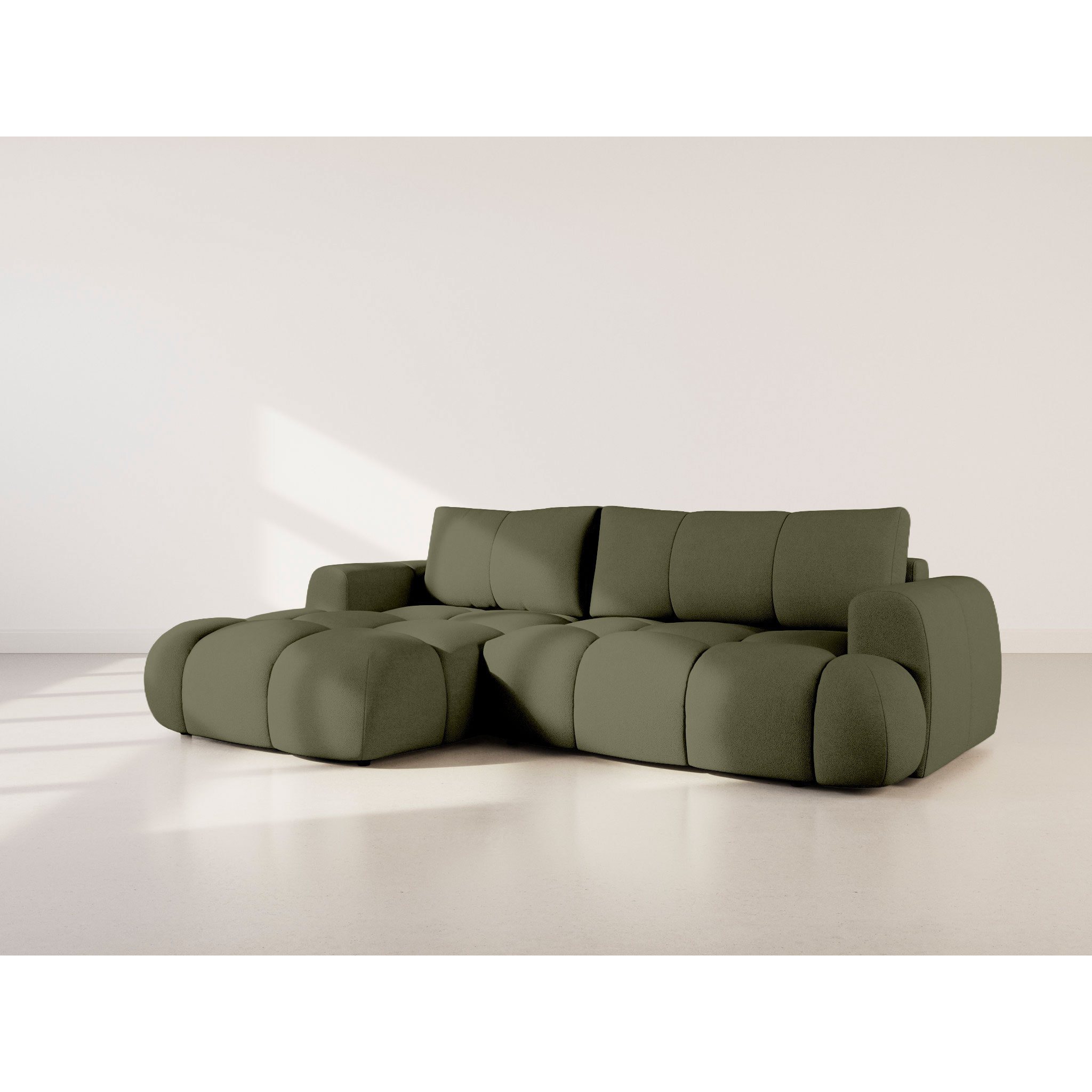 Yulin - Canapé d'angle gauche 4 places convertible avec coffre en tissu bouclette - Vert