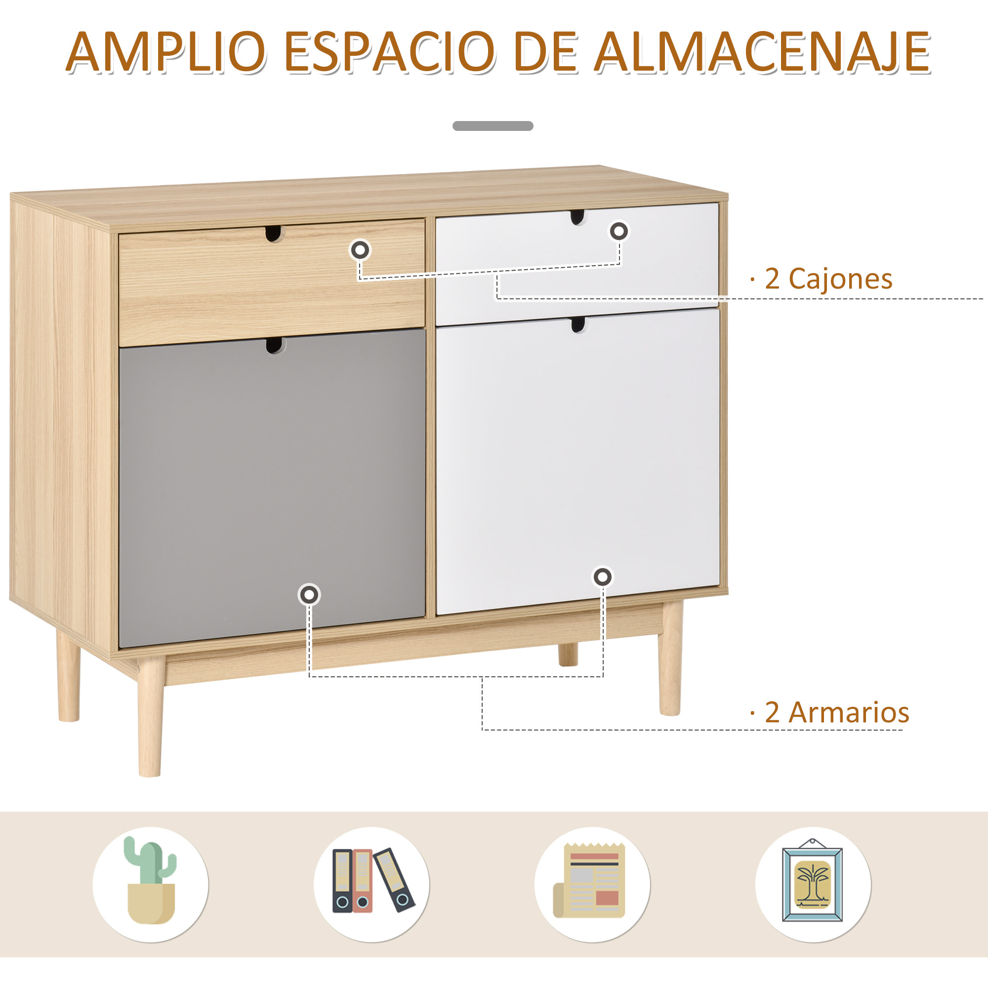 HOMCOM Aparador Auxiliar Mueble de Almacenamiento de Salón con 2 Armarios Cerrados y 2 Cajones Patas Elevadas de Madera de Pino para Cocina Dormitorio Entrada 100x40x79,5 cm Multicolor