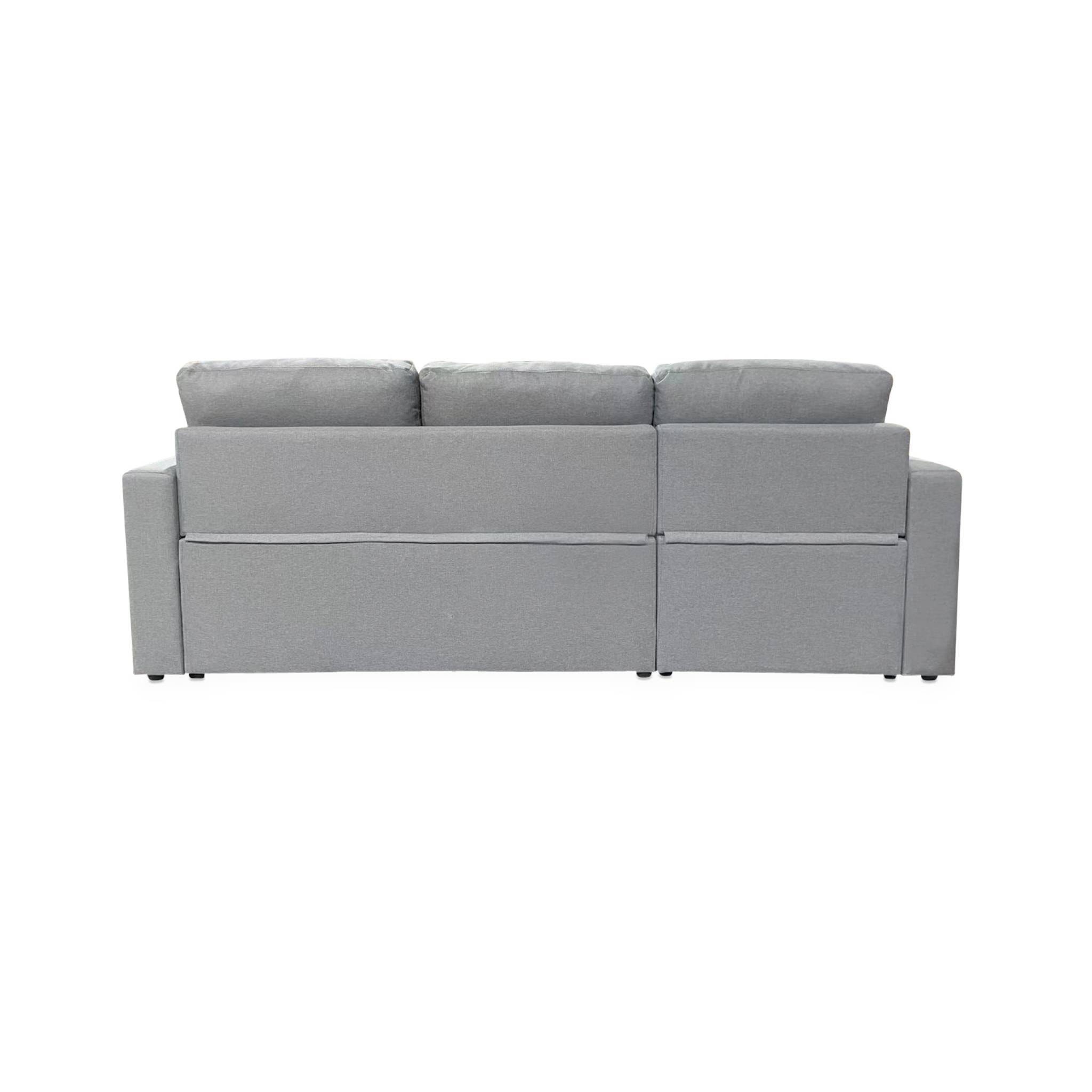 Canapé d'angle SMILE convertible réversible compact 3 places en tissu gris clair. L 213.5 x P 136.5 x H 83cm. avec coffre de rangement