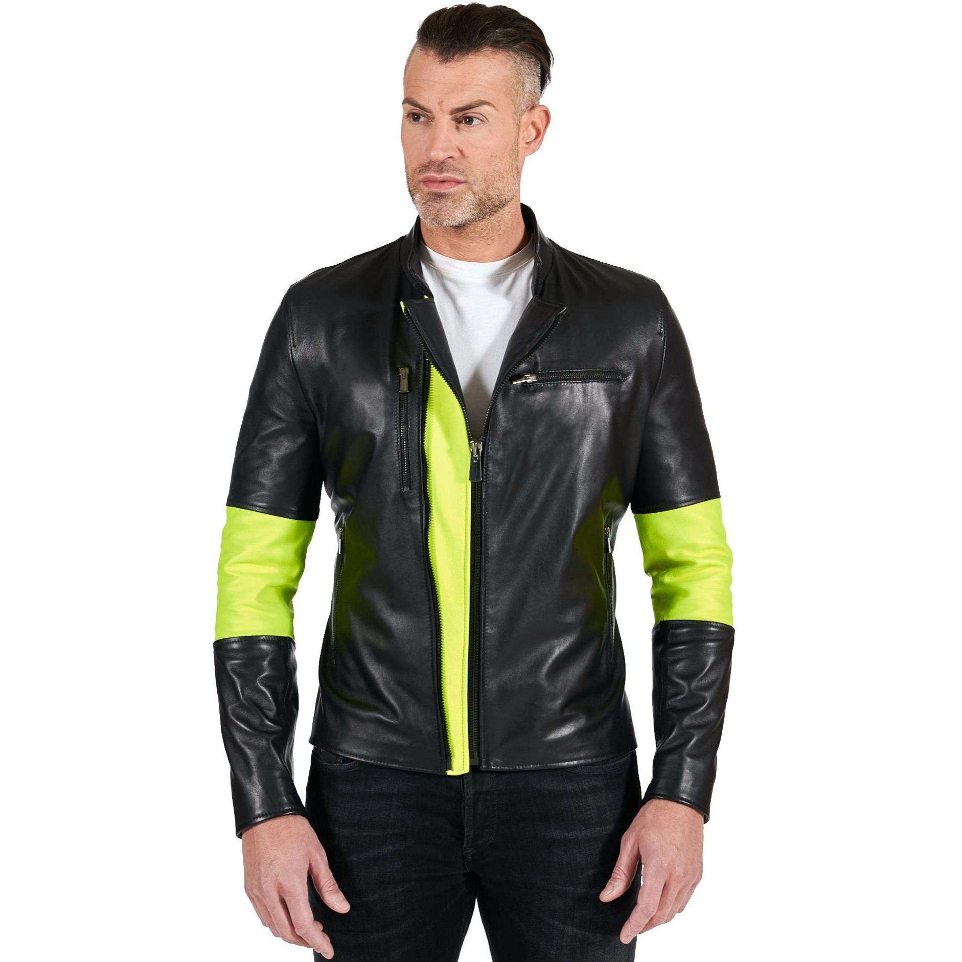 Giacca biker in pelle nera e inserti in pelle fluo effetto liscio