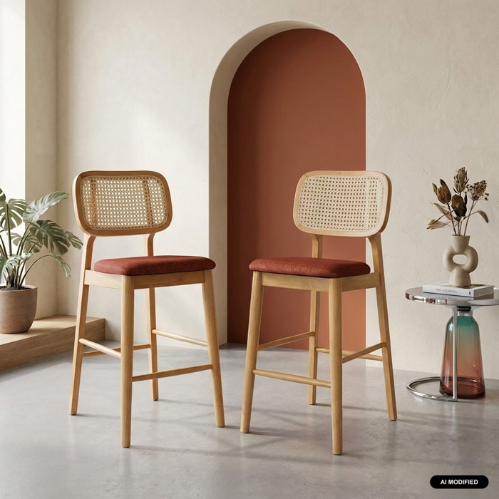 Tabouret de bar bois d'hévéa cannage et tissu 66,5cm (lot de 2) MANI