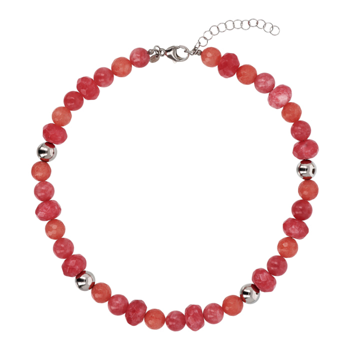 Collana Girocollo con Sfere Argentate e Rondelle in Quarzo Rosso Sfaccettato in Argento 925 placcato Rodio