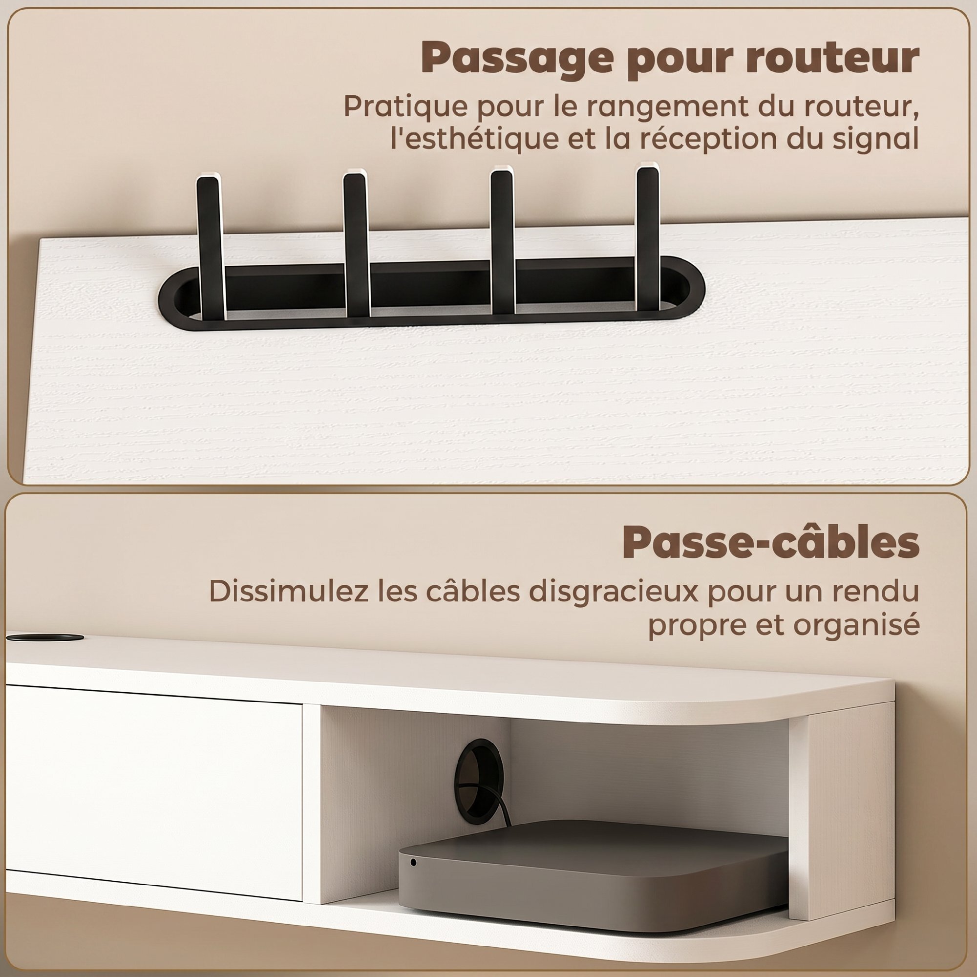 Meuble TV suspendu 140cm - porte, 2 niches, espace routeur, passe-fils - effet bois blanc