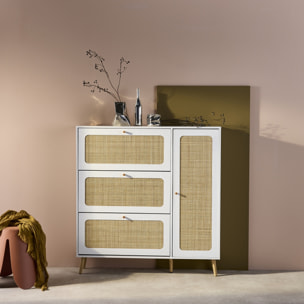 Meuble à chaussure cannage Bohème blanc. 3 tiroirs. 1 porte. 21 paires. 120 x 24 x 125 cm