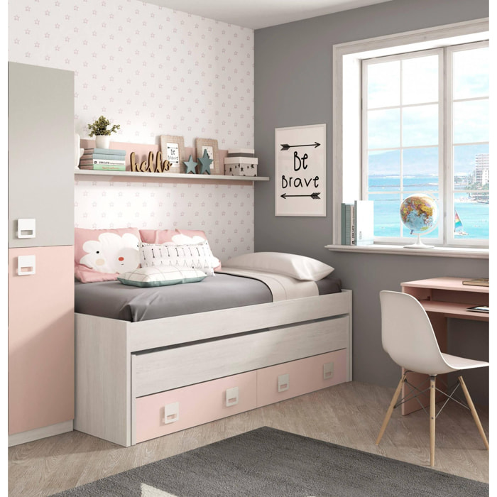 Letto singolo Fairfield, Struttura letto per cameretta, Letto singolo con lettino estraibile e 2 cassetti e mensola, cm 199x96h65, Bianco e Rosa