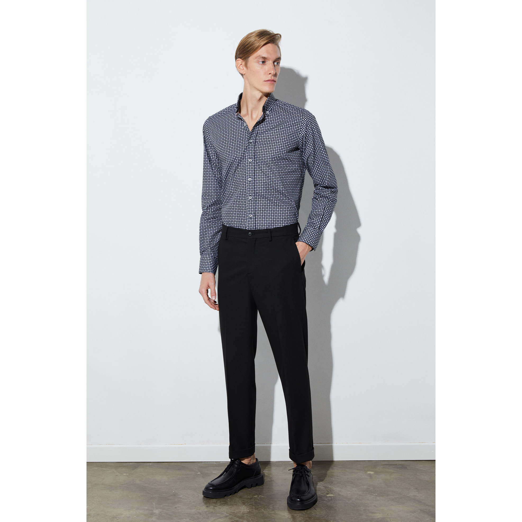camicia uomo 1 bottone button down slim Popeline Stampato Nero/Bianco