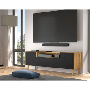Velato - meuble tv - effet bois et noir - 3 portes et 1 niche - 160 cm - Bois / Noir