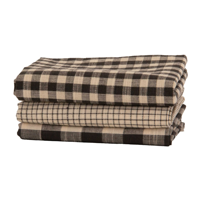 Lot de 3 torchons à carreaux en coton - Gris anthracite