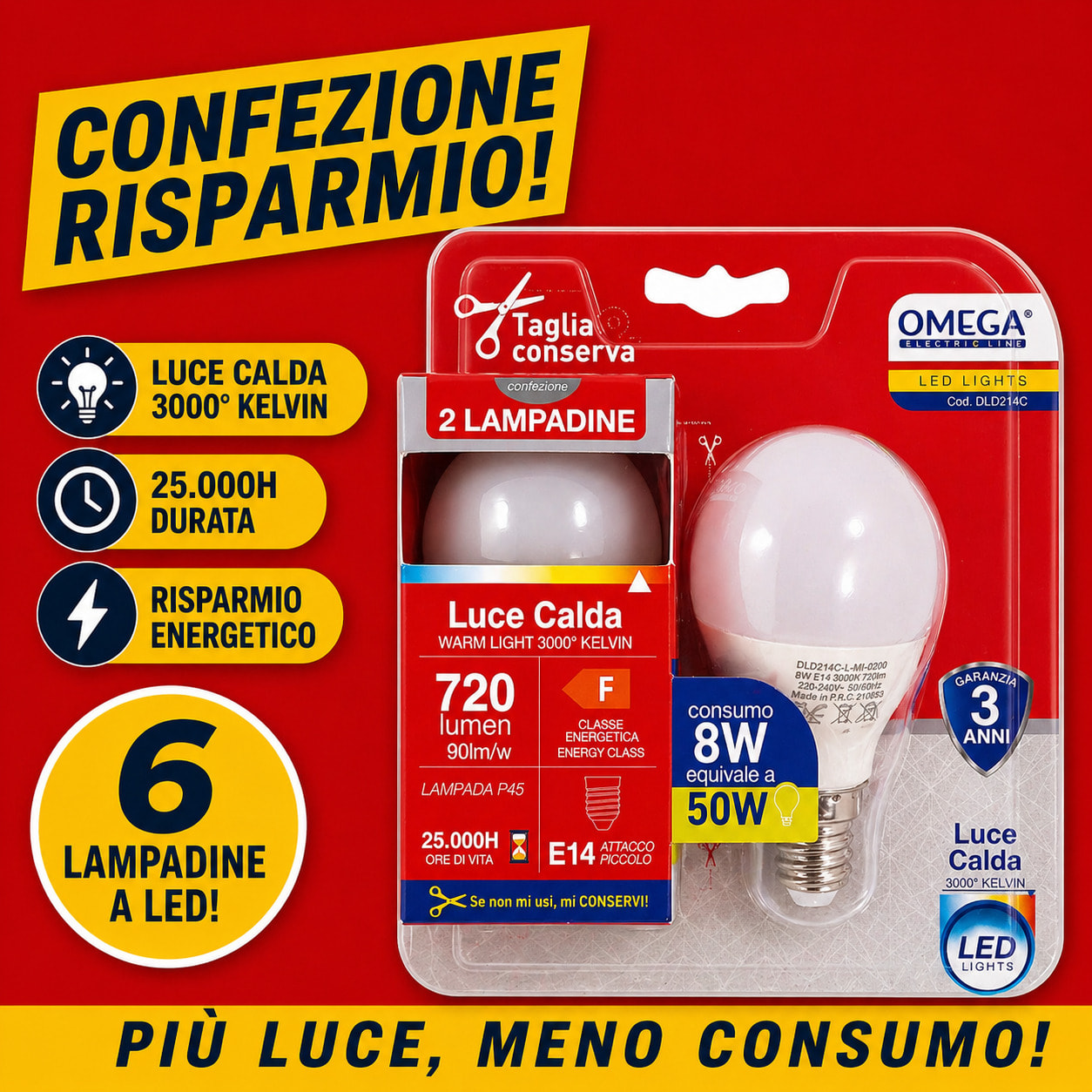 OMEGA Set 6 lampadine sfera led 8W E14 3000K