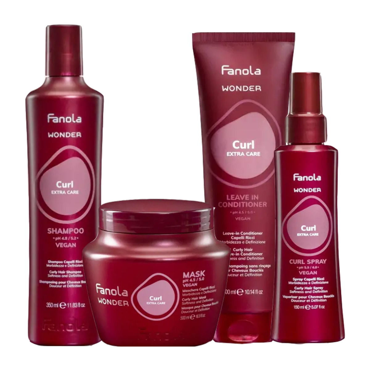 FANOLA Kit Wonder Curl Shampoo 350ml + Mask 500ml + Leave In Conditioner 350ml + Spray 150ml