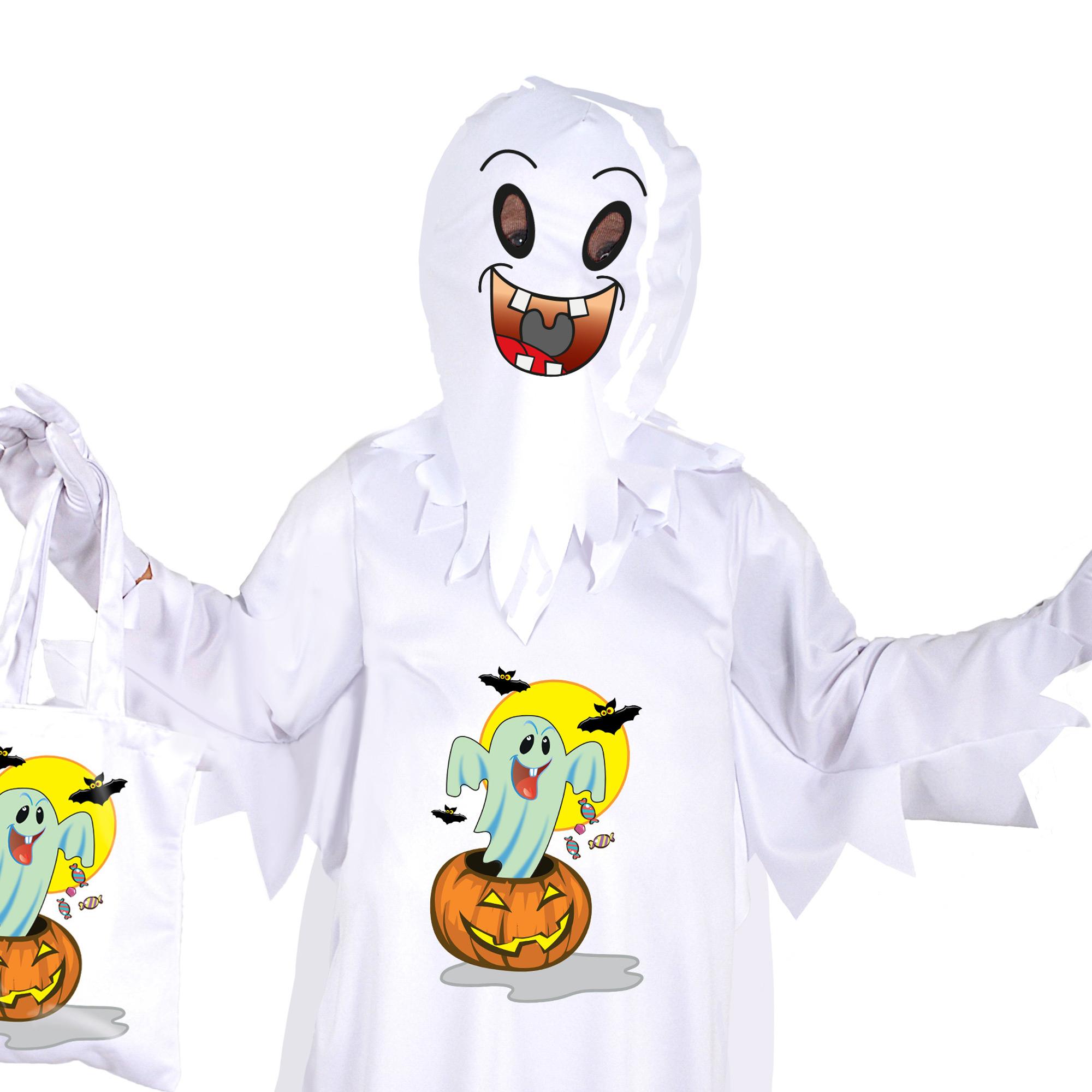 Costume Halloween Fantasmino Con Borsa Porta Dolcetti Bianco Bambino