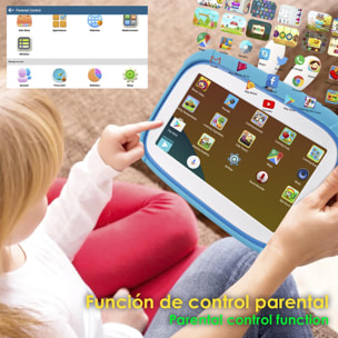 A133 Tablet WiFi per bambini. Sistema operativo Android 11. Schermo da 7'' 1024x600px. ARM Cortex™ A53 quad-core. 2 GB di RAM + 32 GB. Doppia fotocamera.