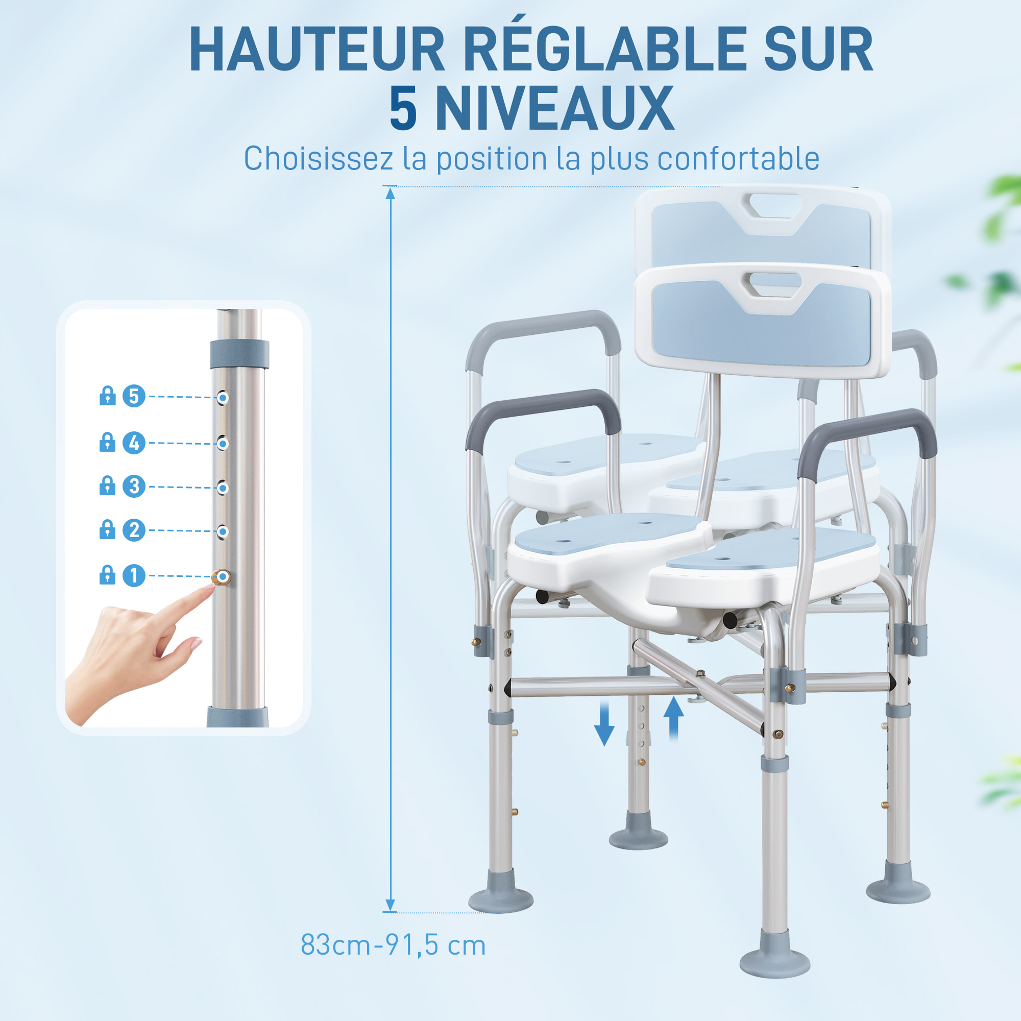 Tabouret de douche avec siège rembourrée et accoudoirs, chaise de douche, tabouret de bain, hauteur réglable 83-91,5 cm, cadre en aluminium et pieds antidérapants, bleu