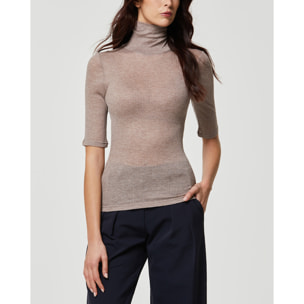 Maglia rib manica corta collo alto in modal cashmere a costine