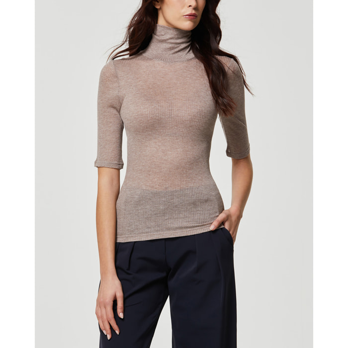 Maglia rib manica corta collo alto in modal cashmere a costine