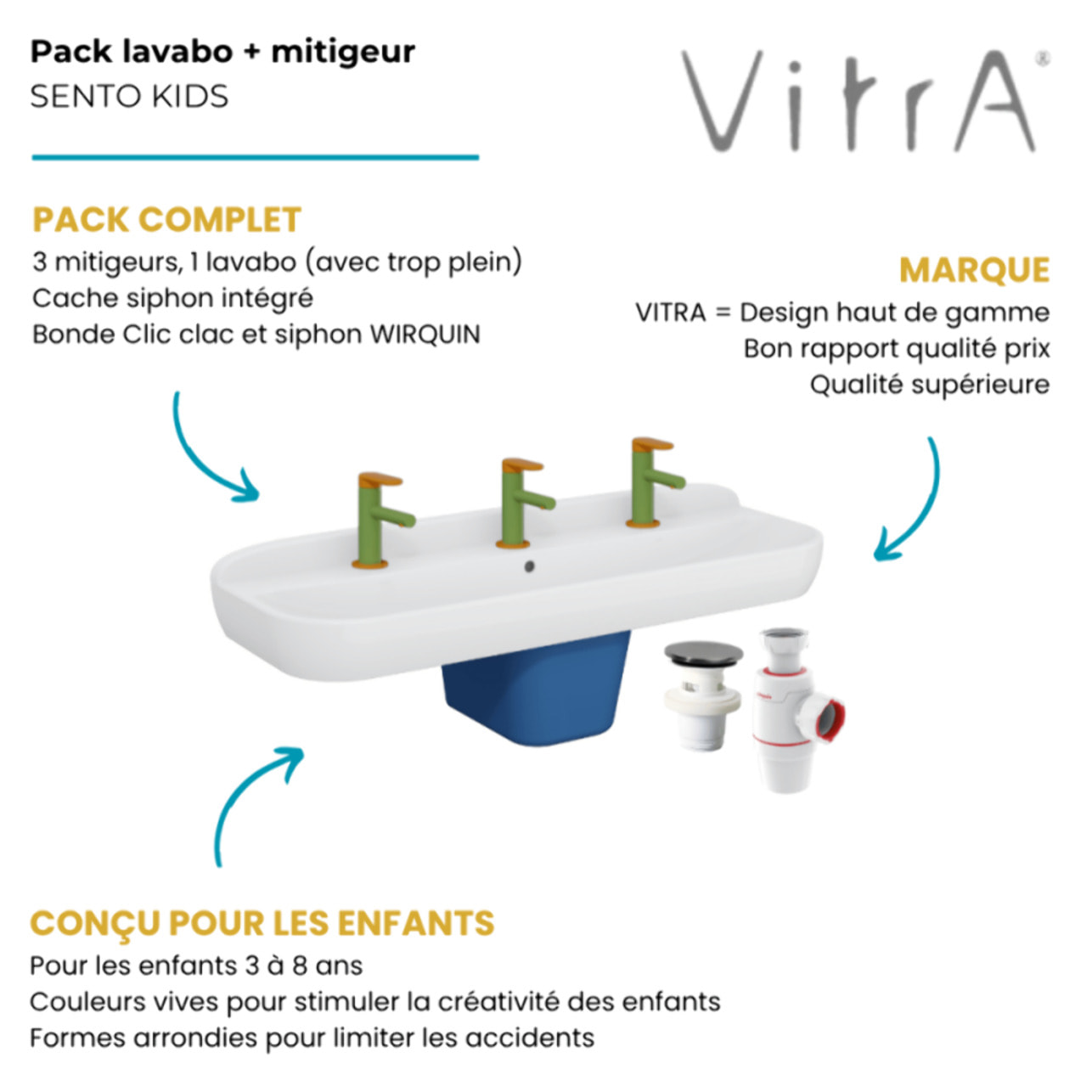 Lavabo pour enfant VITRA Sento Kids 85 cm + cache siphon + Mitigeur lavabo VITRA Sento Kids jaune et vert
