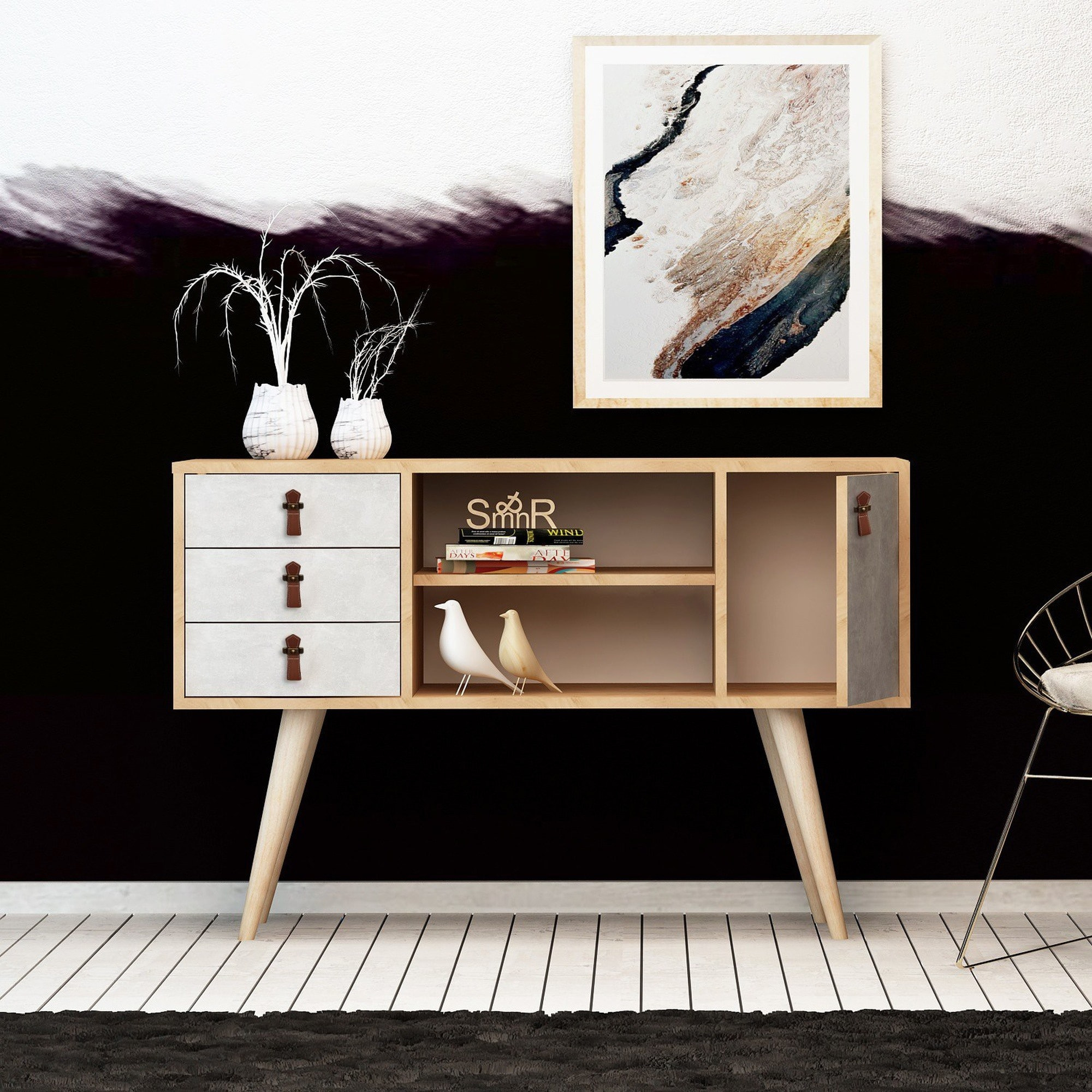 Consola,100% tablero de aglomerado rechapado en melamina, color roble_x000D_
blanco