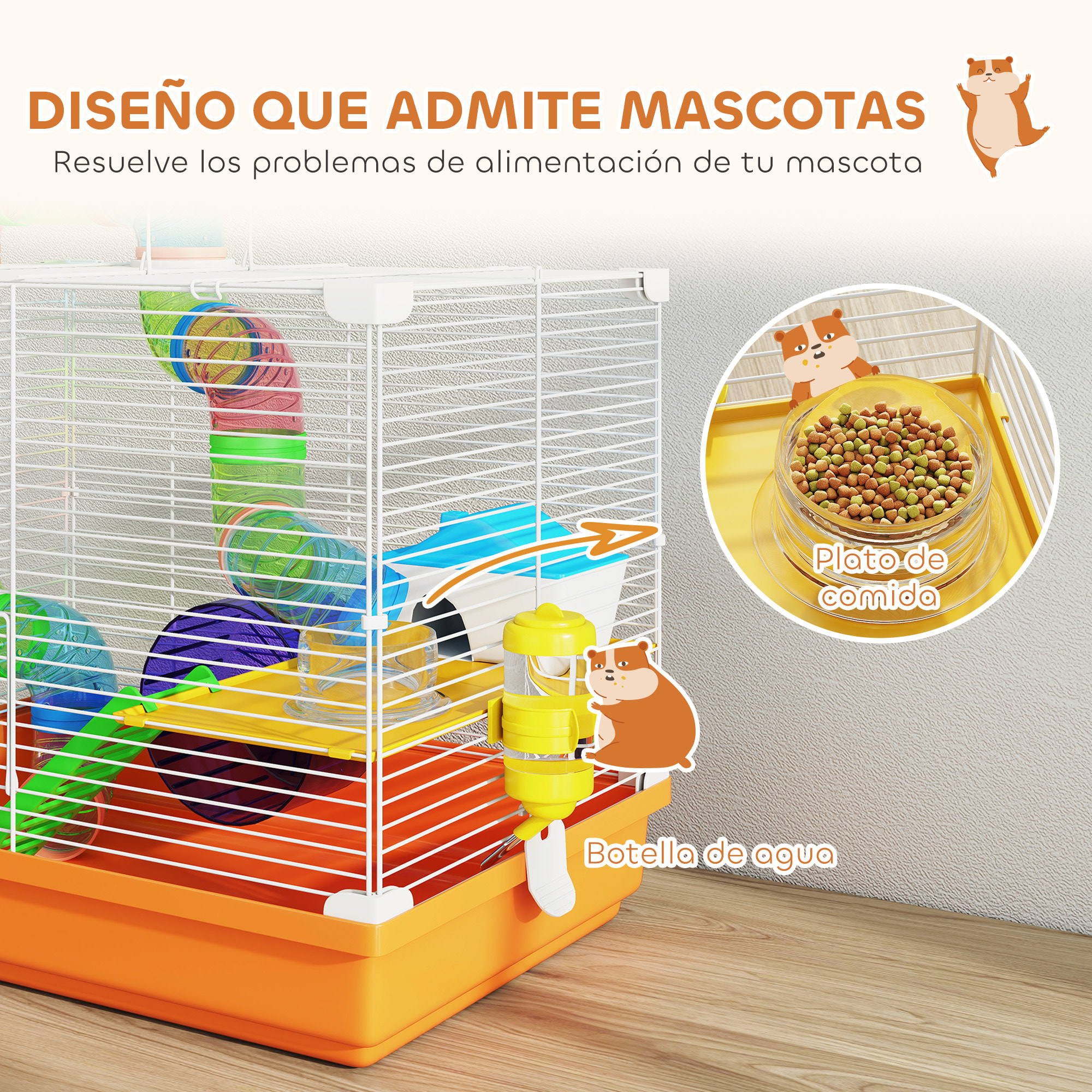 Jaula para Hámster, Casa para Hámster con Túnel, Cuenco, Bebedero, Casita, Rampa, Rueda de Ejercicio, Plataforma y Asa, Bandeja Extraíble, para Ratones y Jerbos, 46x30x37 cm, Naranja