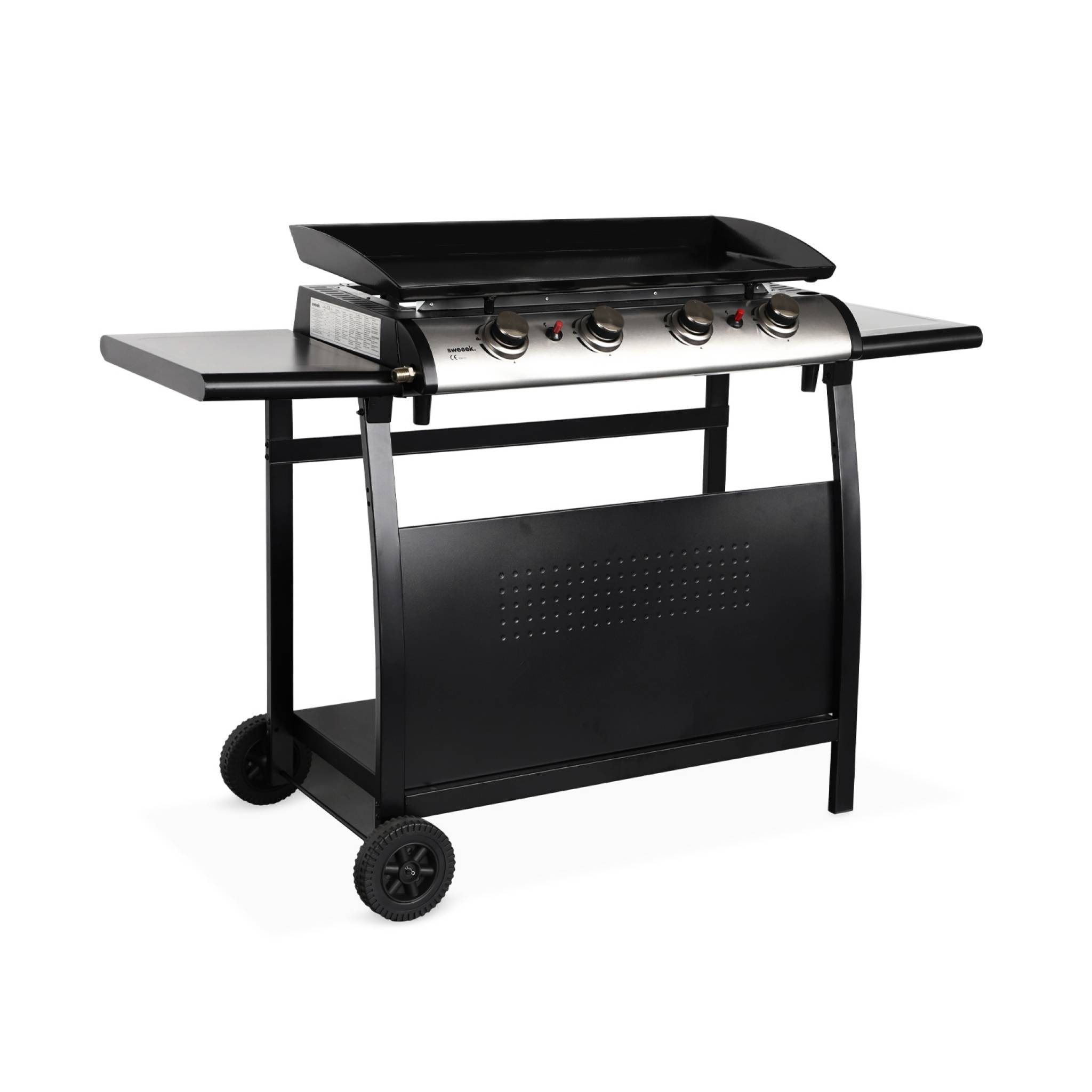 Plancha au gaz 4 brûleurs sur chariot - Porthos - 10kW. plancha à gaz avec desserte . cuisine extérieure. plaque émaillée. inox. barbecue