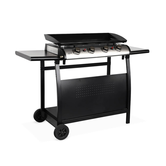 Plancha au gaz 4 brûleurs sur chariot - Porthos - 10kW. plancha à gaz avec desserte . cuisine extérieure. plaque émaillée. inox. barbecue