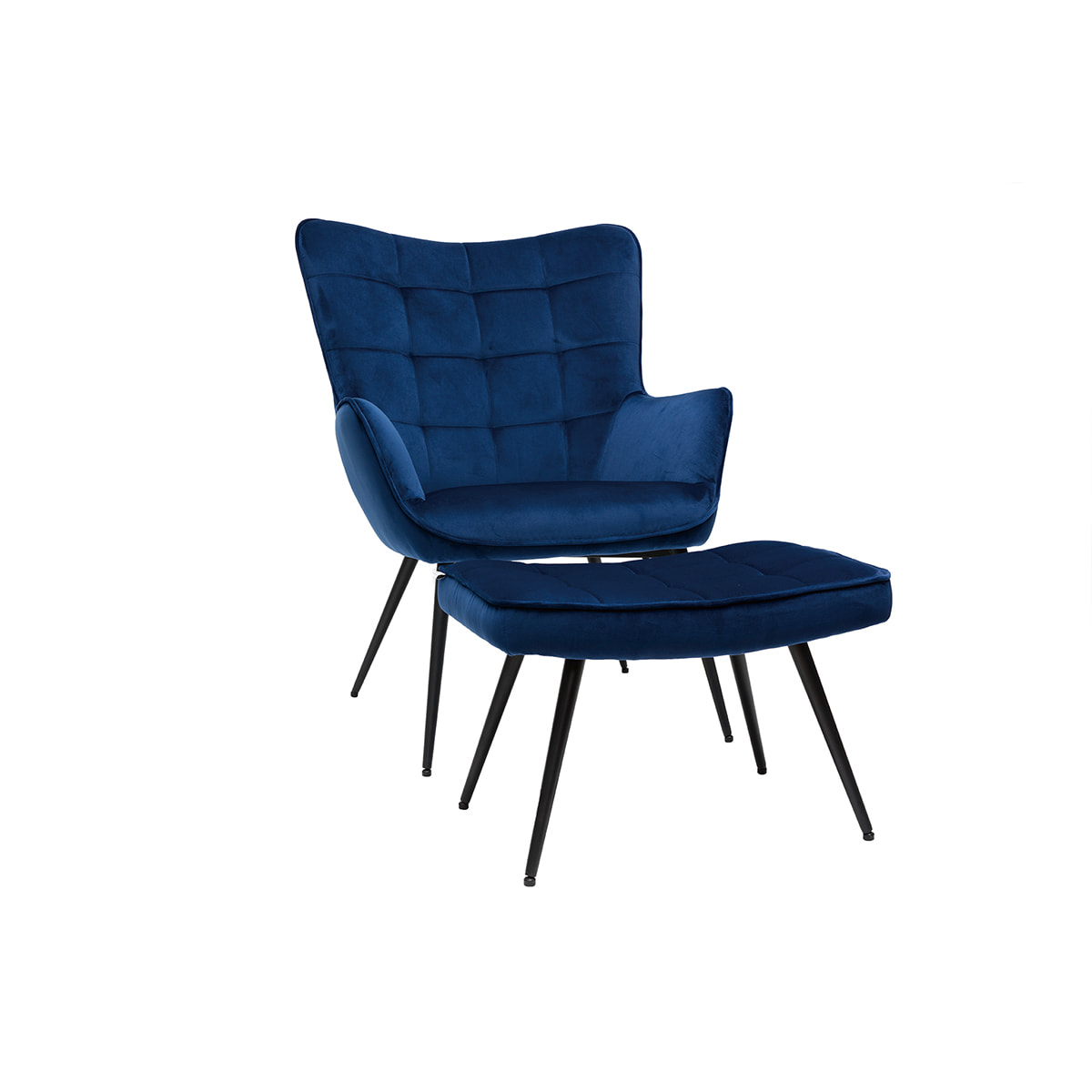 Fauteuil avec repose-pieds design en tissu velours bleu foncé et métal noir MOOD