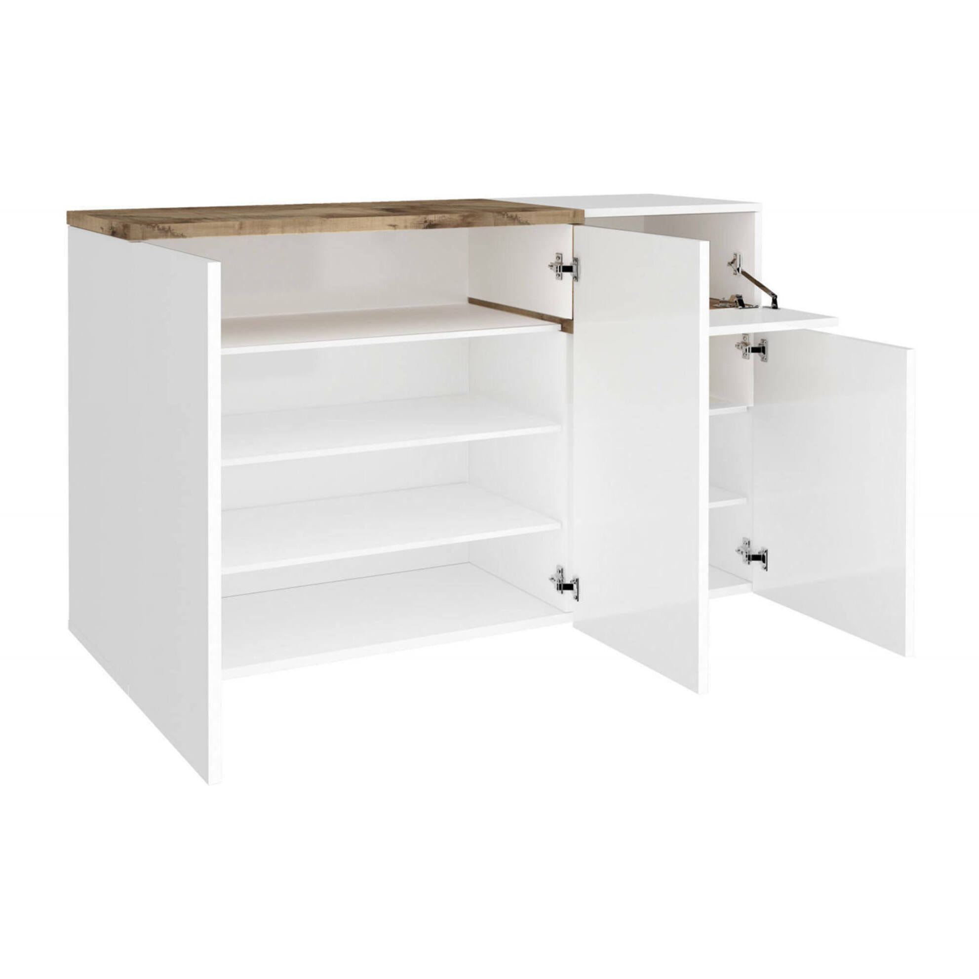 Scarpiera moderna, Made in Italy, 3 ante e 1 anta a ribalta, Portascarpe da ingresso, cm 120x40h80, colore Bianco lucido e Acero