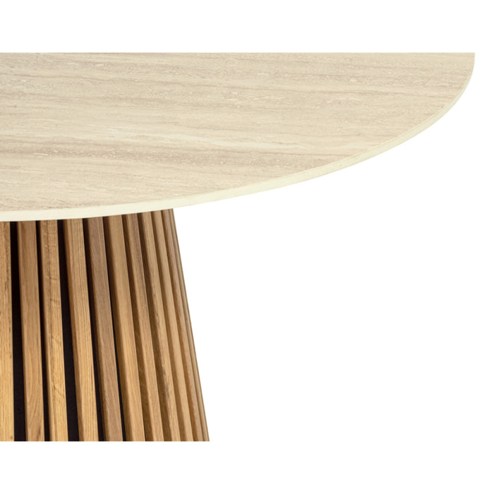 Freya - table à manger ronde effet bois - plateau effet travertin - 6 personnes - Bois / Beige