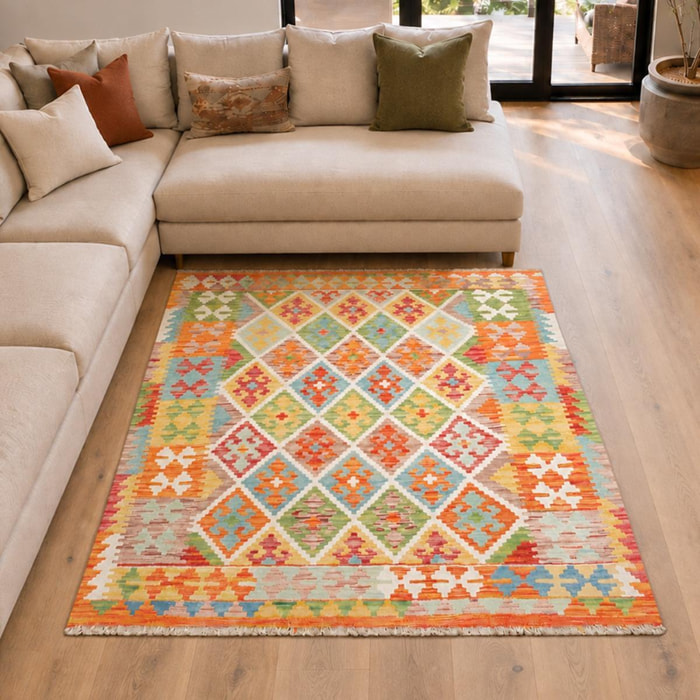 Tapis kilim géométrique, tissé plat en laine, VEZIZE