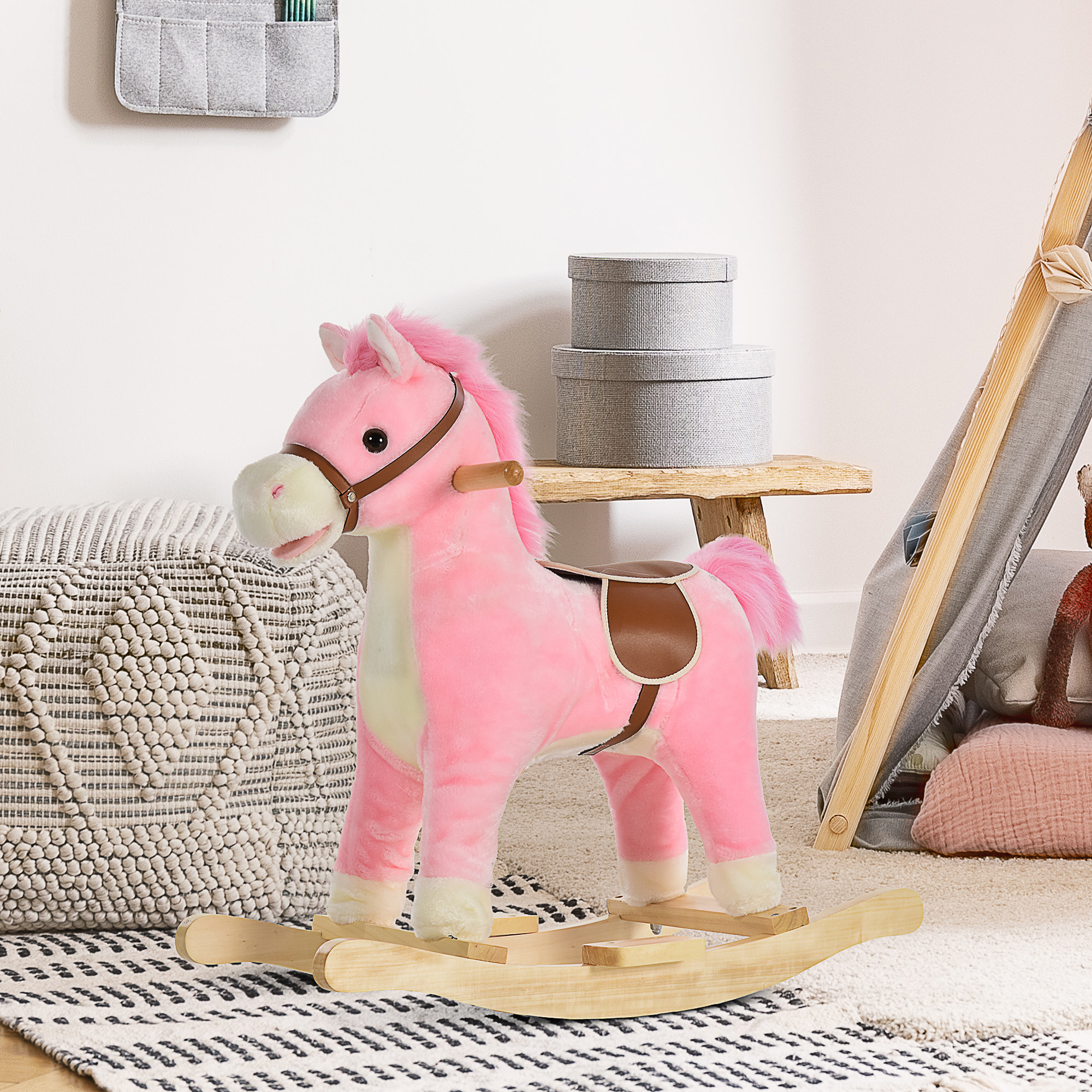 Cheval à bascule selle grand confort peluche courte douce bois peuplier rose dim. 65L x 32,5l x 61H cm