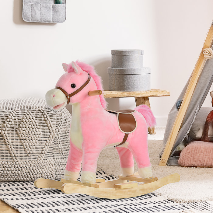 Cheval à bascule selle grand confort peluche courte douce bois peuplier rose dim. 65L x 32,5l x 61H cm