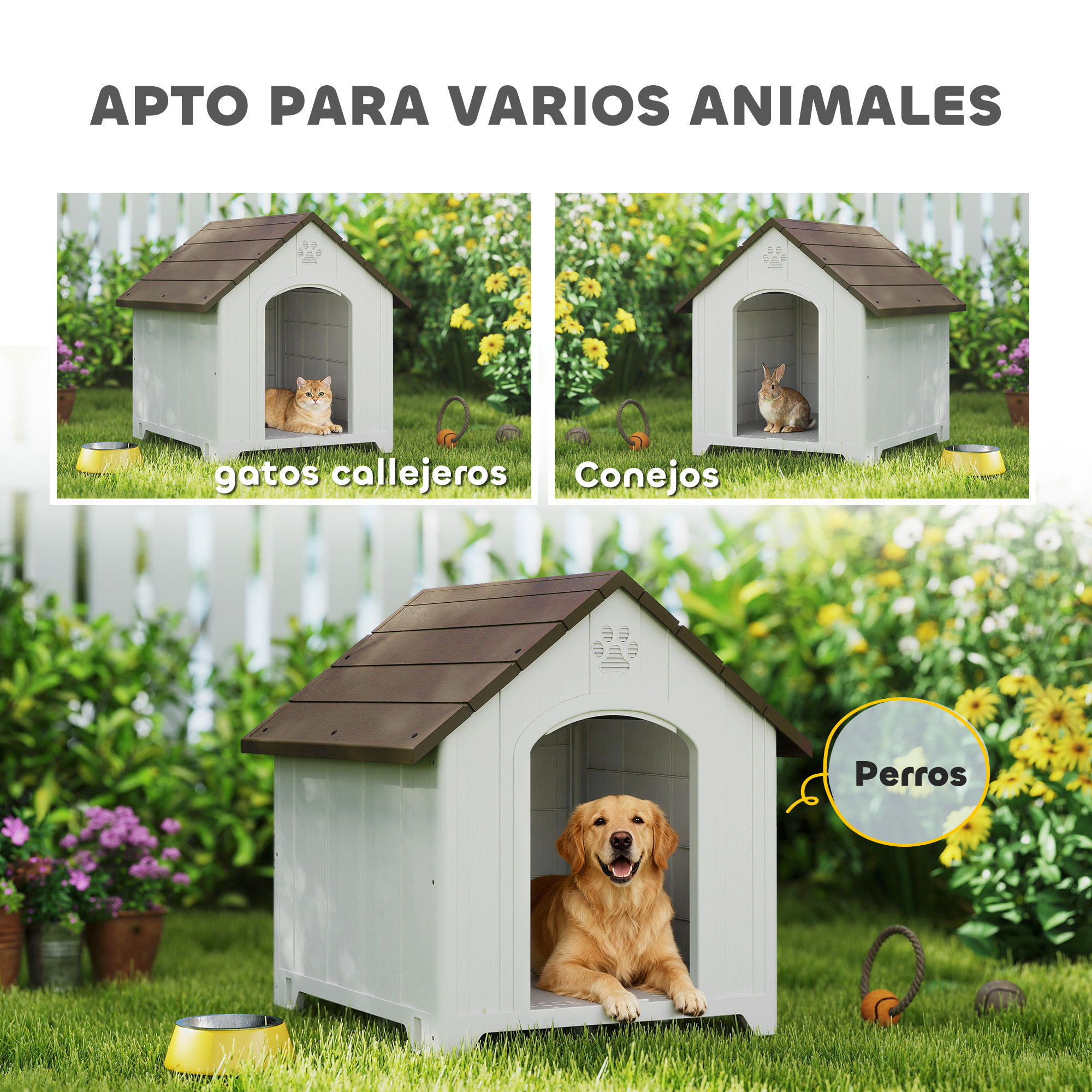 Caseta para Perros Exterior, Casa para Perros Grandes de Plástico Impermeable con 2 Ventanas, Base Elevada, Estacas, Fácil de Montar, 88x79x89 cm, Marrón Oscuro