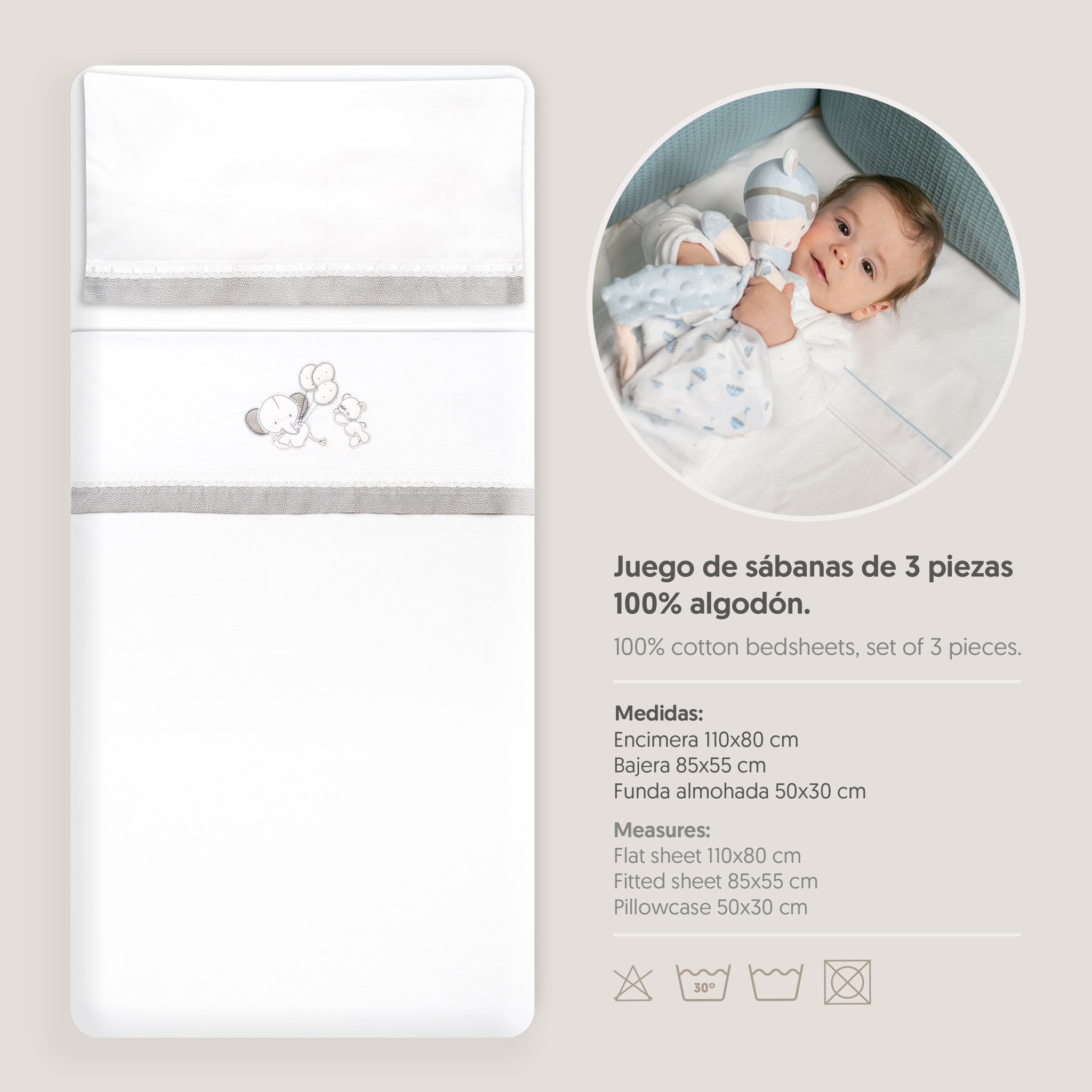 Triptico Minicuna Pasacinta Oso Elefante Globos Bco/Gris