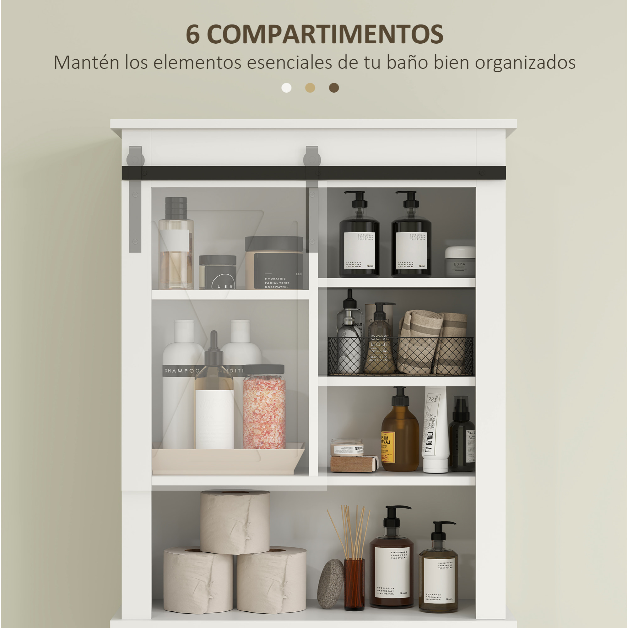 Mueble sobre Inodoro Armario sobre Inodoro con Puerta Corredera de Granero y 6 Compartimentos Mueble de Baño Rústico 67x25x172 cm Blanco