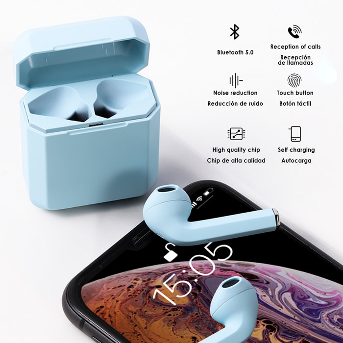 Cuffie TWS i2 Bluetooth 5.0 touch con base di ricarica design ergonomico esclusivo poligonale. Cancellazione del rumore ambientale.