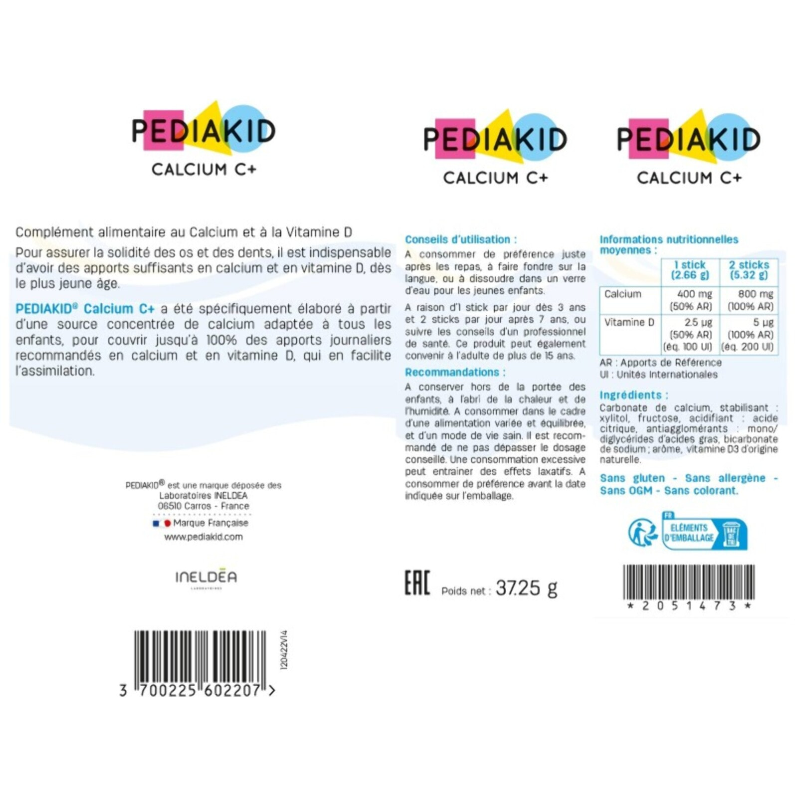 PEDIAKID - Calcium C+ et Vitamine D - Complément Alimentaire Naturel - Couvre 100% des AJR en Calcium - Maintien du Capital Osseux et Dentaire - Goût Cola - 14 Sticks de Poudre Orodispersible