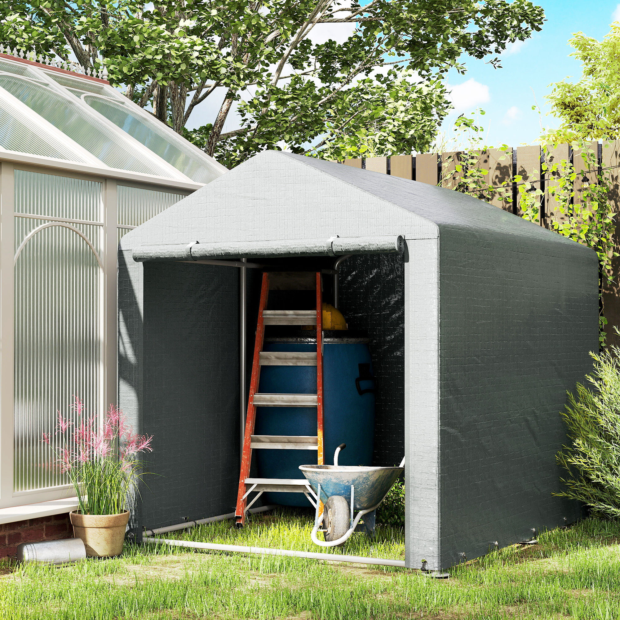 Carpa de Jardín Exterior para Herramientas Bicicletas 1,6x2,2x1,7 m, Cobertizo Exterior con 2 Habitaciones, Puerta Enrollable con Cremallera, Impermeable Anti-UV, Garaje Portátil, Gris Claro