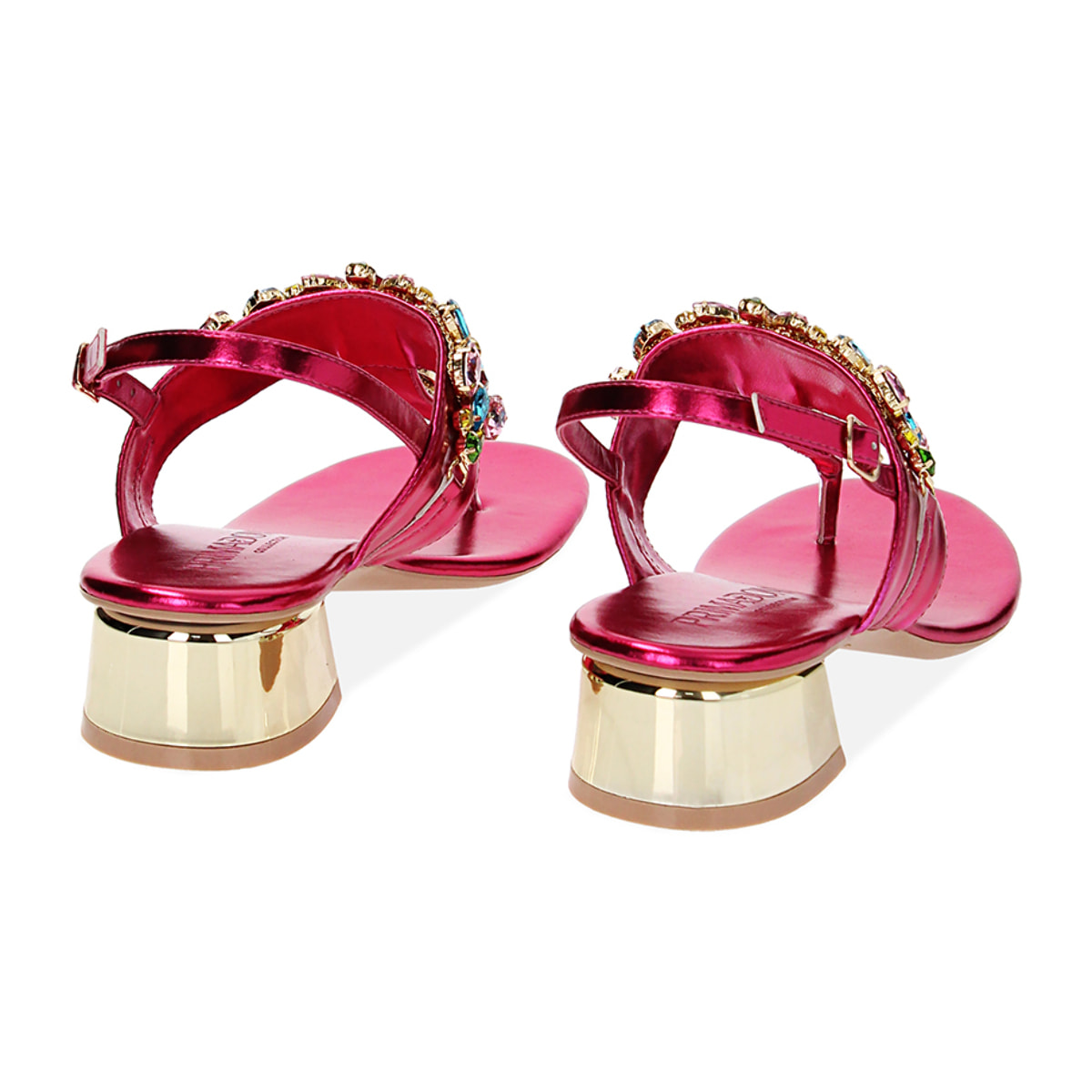 Sandali fucsia in laminato con pietre, tacco 4 cm