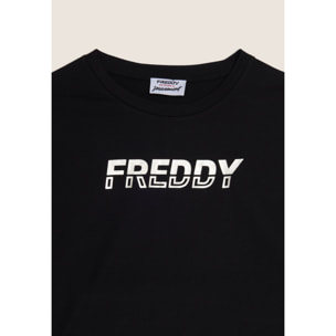 T-shirt cropped con inserto a contrasto e logo perlato