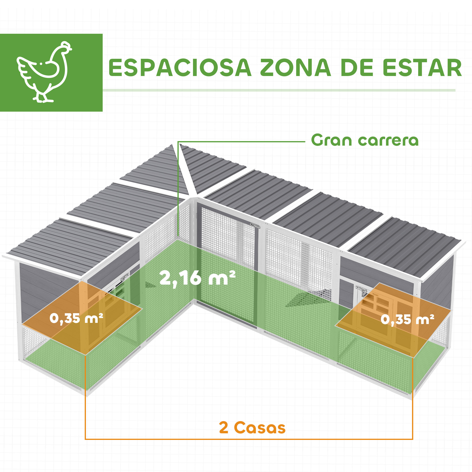 Gallinero de Madera Grande Exterior, Jaula para Gallinas en L para Esquina, con 2 Nidos, Corral, Bandejas Extraíbles, Techo de PET y Rampas, Casa Elevada para Conejos, 251x192x103 cm, Gris