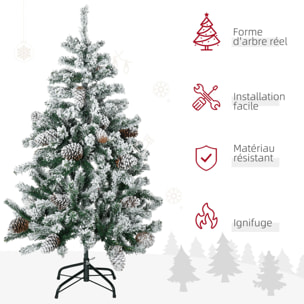 Sapin de Noël artificiel avec 28 pommes de pin arbre de Noël 269 branches enneigées support en acier socle pliable hauteur 120 cm vert