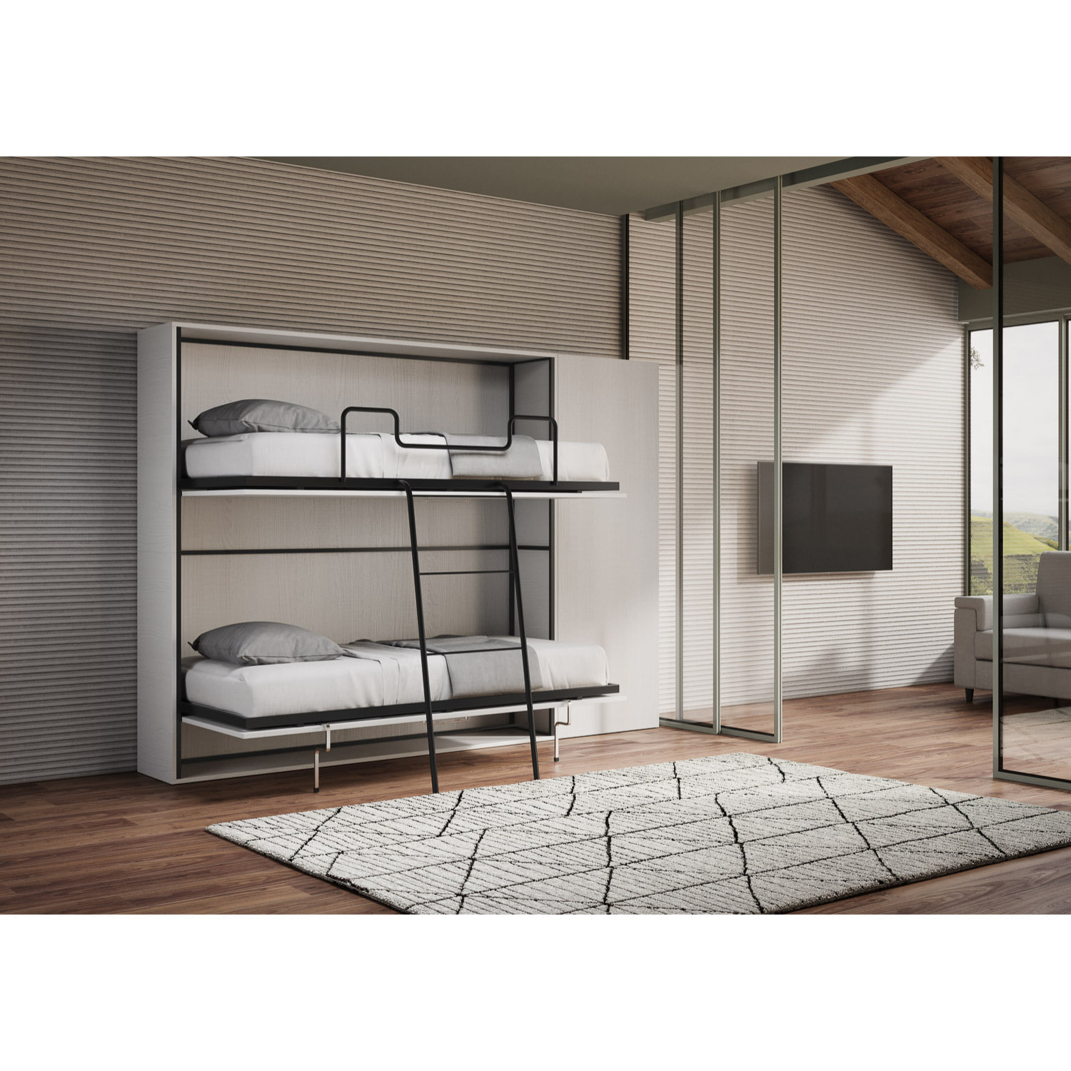 Armoire lit escamotable horizontal superposé 2 couchages 85 Kando avec matelas composition H Frêne Blanc