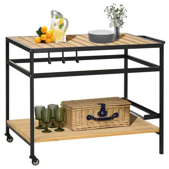 Camarera con Ruedas de Madera Carro de Servicio con Encimera de Listones 2 Estantes 3 Ganchos y Asa para Jardín Terraza Patio 107x65x80 cm Natural