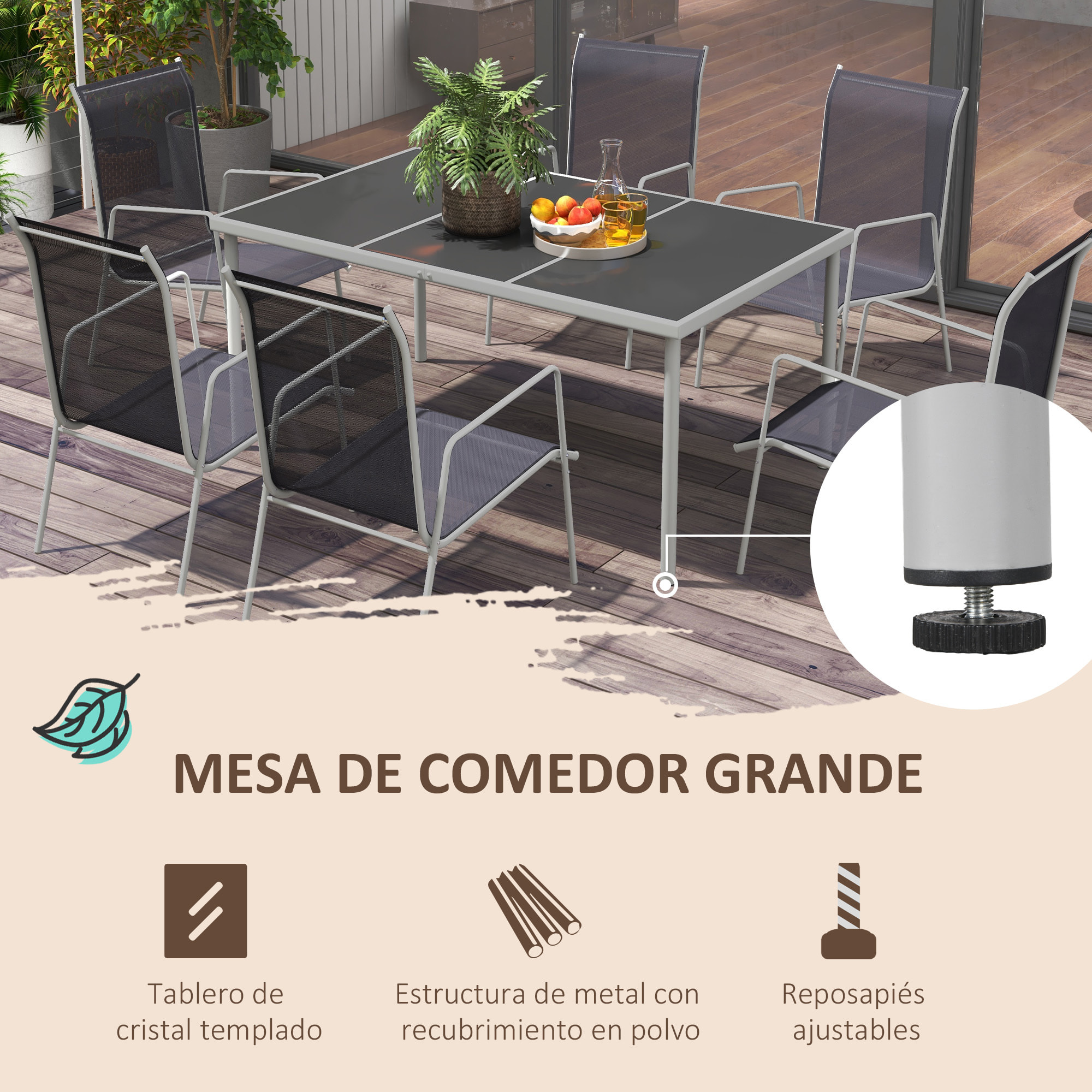 Conjunto de Comedor de Exterior Juego de Comedor de Jardín de 7 Piezas con 1 Mesa 6 Sillas Apilables y Marco de Acero para Terraza Patio Negro