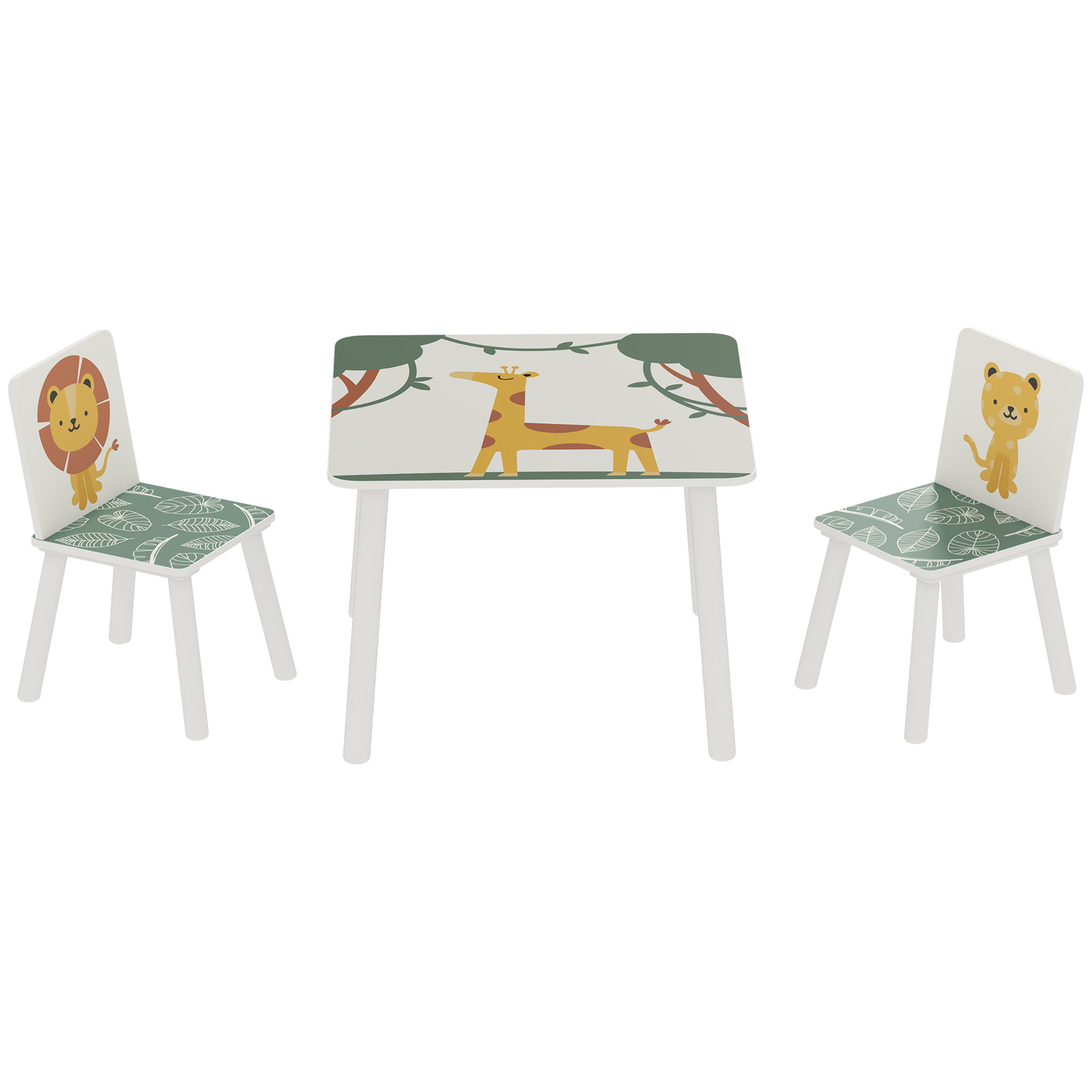 Ensemble table et chaises enfant design savane animaux bois pin MDF blanc vert