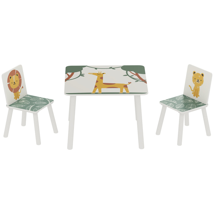 Ensemble table et chaises enfant design savane animaux bois pin MDF blanc vert