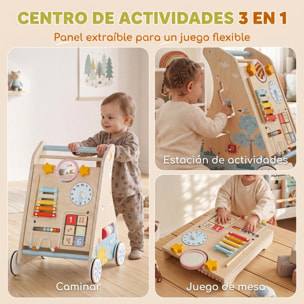AIYAPLAY Andador Madera Bebé 3 en 1, Caminador Bebé con Juguetes Montessori, Panel Desmontable de Doble Cara, Centro de Actividades con Almacenaje, Ruedas, Niños de 1-3 Años y Altura +75 cm, Natural