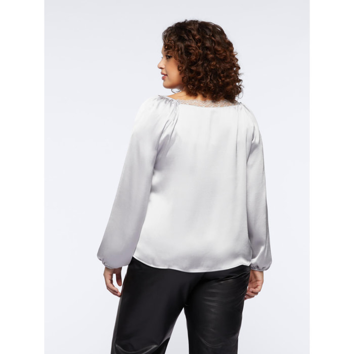 Fiorella Rubino - Blusa de raso con borde de encaje en la parte posterior - Gris