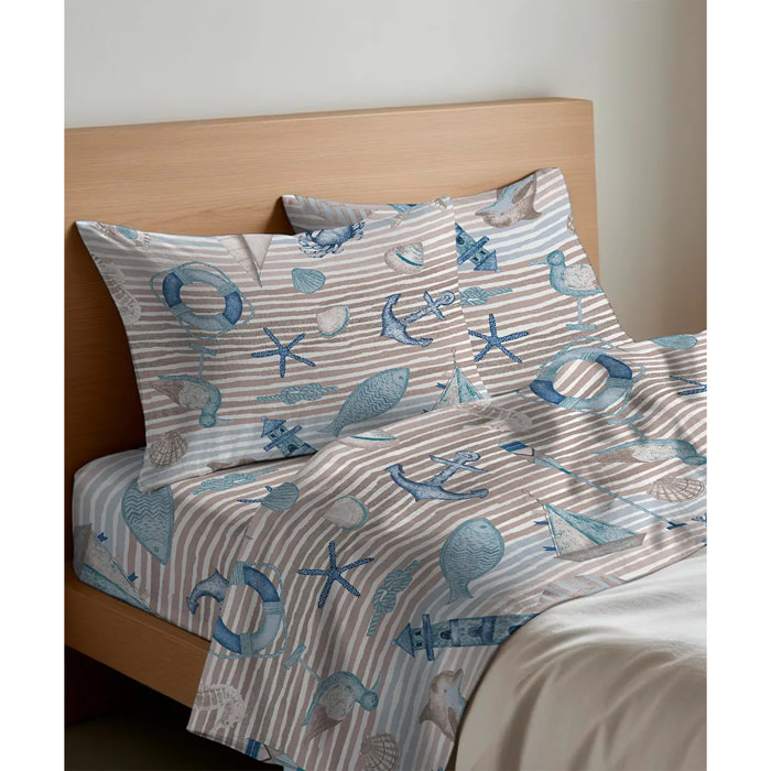 Lenzuolo Inferiore Angolare MARE BEIGE 100% Cotone e Made in Italy stile nautico marittimo